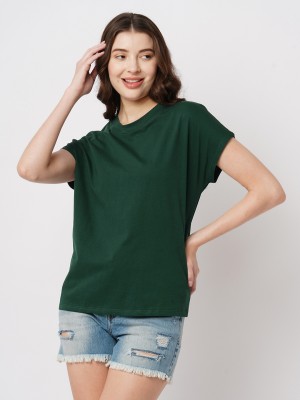 Roadster Solid Women Round Neck Green T-Shirt