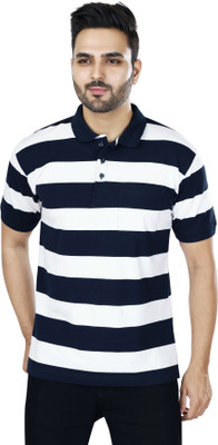 NEO GARMENTS Striped Men Polo Neck Black, White T-Shirt