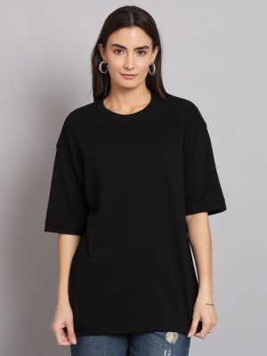 Else & What Solid Women Round Neck Black T-Shirt