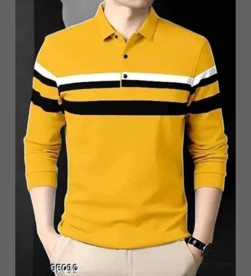 FAOES Striped Men Polo Neck Yellow T-Shirt