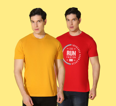 WOOSTRO Printed Men Round Neck Red, Yellow T-Shirt