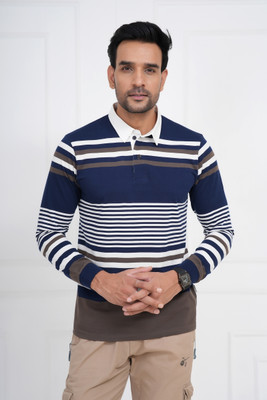 Arbour Striped Men Polo Neck White, Navy Blue, Brown T-Shirt