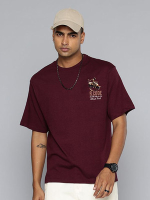 R.Code by The Roadster Life Co. Printed Men Round Neck Maroon T-Shirt