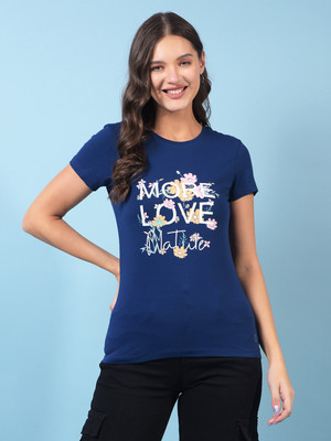 Dollar Printed Women Crew Neck Dark Blue T-Shirt