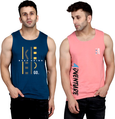 SLOWLORIS Printed Men Round Neck Dark Blue, Pink T-Shirt