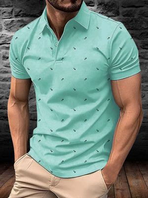 AIN6 Printed Men Polo Neck Light Blue T-Shirt