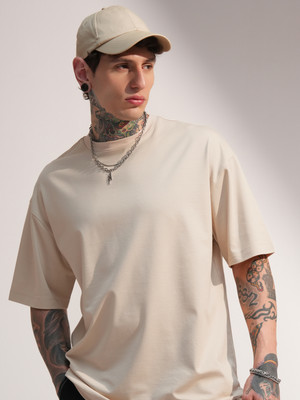 HIGHLANDER Solid Men Round Neck Beige T-Shirt