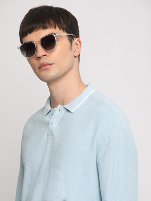 THE BEAR HOUSE Self Design Men Polo Neck Blue T-Shirt