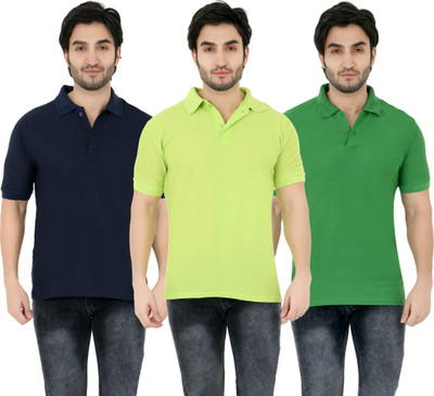 YUALIN CREATION Solid Men Polo Neck Light Green, Dark Blue T-Shirt
