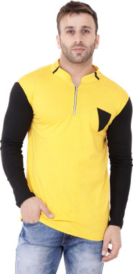 Lawful Casual Solid Men Mandarin Collar Yellow, Black T-Shirt