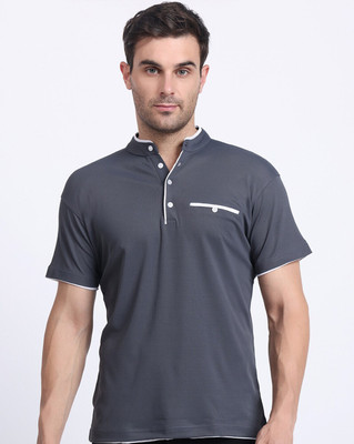 BRIGHT KRAFT Solid Men Mandarin Collar Grey T-Shirt