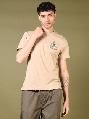V-MART Printed Men Round Neck Beige T-Shirt