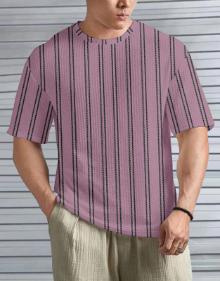 METRONAUT Striped, Self Design Men Round Neck Purple T-Shirt