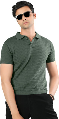 SaintArebian Self Design Men Polo Neck Dark Green T-Shirt