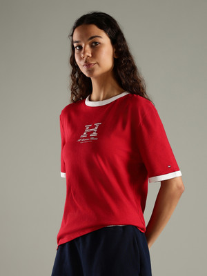 TOMMY HILFIGER Typography Women Crew Neck Red T-Shirt