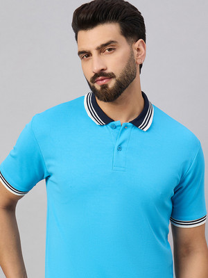 Merriment Striped Men Polo Neck Blue T-Shirt