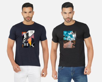 GLOBAL NOMAD Printed Men Round Neck Navy Blue, Black T-Shirt