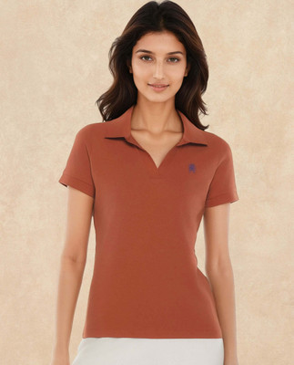 RAREISM Solid Women Polo Neck Brown T-Shirt