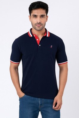 Jacob Louis Solid Men Polo Neck Navy Blue T-Shirt