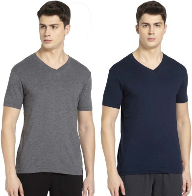 JOCKEY Solid Men V Neck Grey, Dark Blue T-Shirt