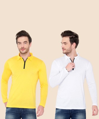 Jangoboy Solid Men Polo Neck White, Yellow T-Shirt