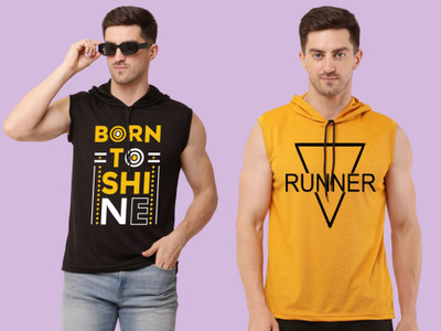 Zxomillo Printed Men Hooded Neck Black, Yellow T-Shirt