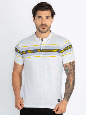 Status Quo Striped Men Polo Neck Beige T-Shirt