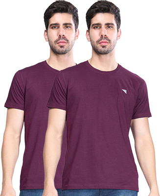 Ramraj Cotton Solid Men Crew Neck Purple T-Shirt