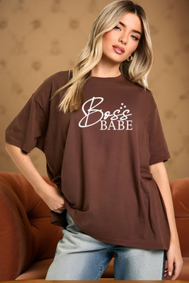 Hivewear Printed Women Round Neck Brown T-Shirt