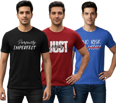 Stylewill Typography Men Round Neck Black, Maroon, Blue T-Shirt