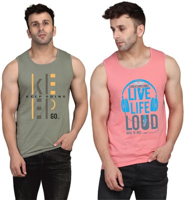SLOWLORIS Printed Men Scoop Neck Pink, Light Green T-Shirt