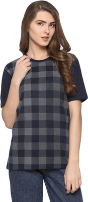 HouseOfCommon Printed Women Round Neck Dark Blue, Grey T-Shirt