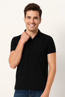 KJL Solid Men Polo Neck Black T-Shirt