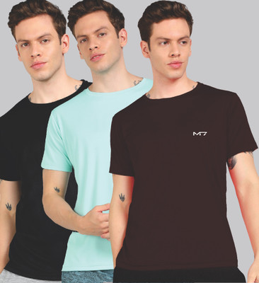 M7 By Metronaut Pack Of 3 Men Solid Round Neck Poly Cotton Black, Light Blue, Maroon T-Shirt For Rs. 279 @ 72 %