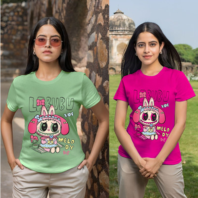 Kasendra Printed Women Round Neck Green, Pink T-Shirt