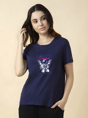 SZN Graphic Print Women Round Neck Dark Blue T-Shirt