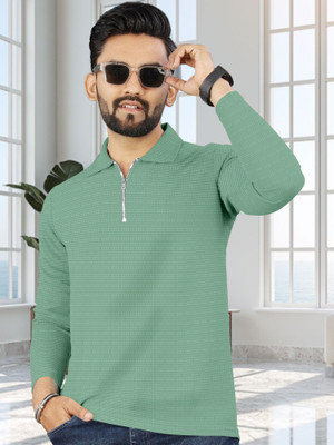 Trend Twist Self Design Men Zip Neck Green T-Shirt