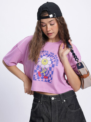 Glitchez Printed Women Round Neck Brown T-Shirt