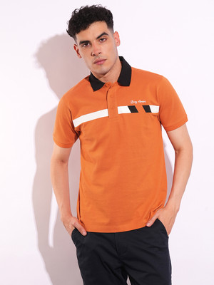 BEING HUMAN Striped Men Polo Neck Orange T-Shirt