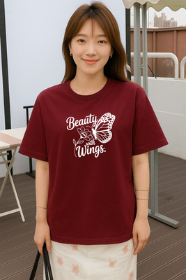 Fluffy Enterprises Printed Women Round Neck Maroon T-Shirt