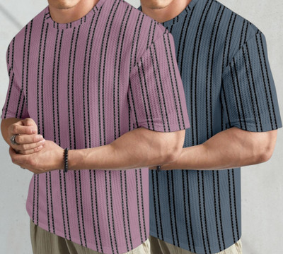 BELPATRA Striped, Self Design Men Round Neck Pink, Grey T-Shirt