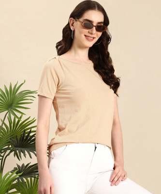 Mast & Harbour Solid Women Boat Neck Brown T-Shirt