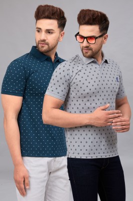 We Perfect Printed Men Polo Neck Grey, Blue, White T-Shirt