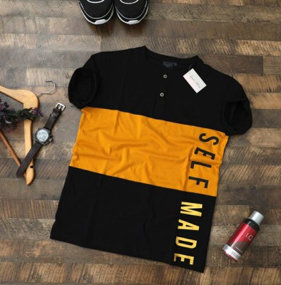 Lauren Adams Typography, Colorblock Men Henley Neck Black, Yellow T-Shirt