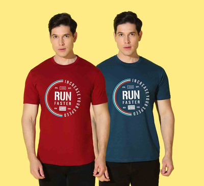 WOOSTRO Typography Men Round Neck Red, Blue T-Shirt