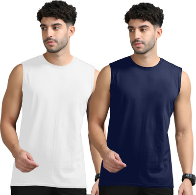 JB Jangoboy Solid Men Round Neck White, Dark Blue T-Shirt