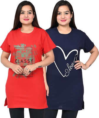SK HOSIERY Printed Women Round Neck Red, Blue T-Shirt