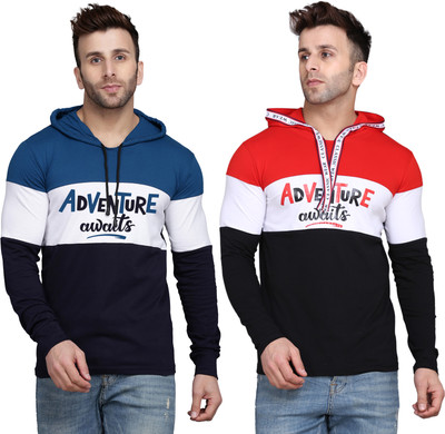 SLOWLORIS Printed Men Hooded Neck Dark Blue, Red T-Shirt