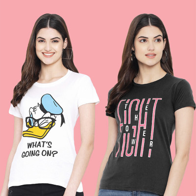 METRONAUT Printed Women Round Neck White, Black T-Shirt