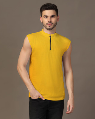 GEUM Solid Men Mandarin Collar Yellow T-Shirt